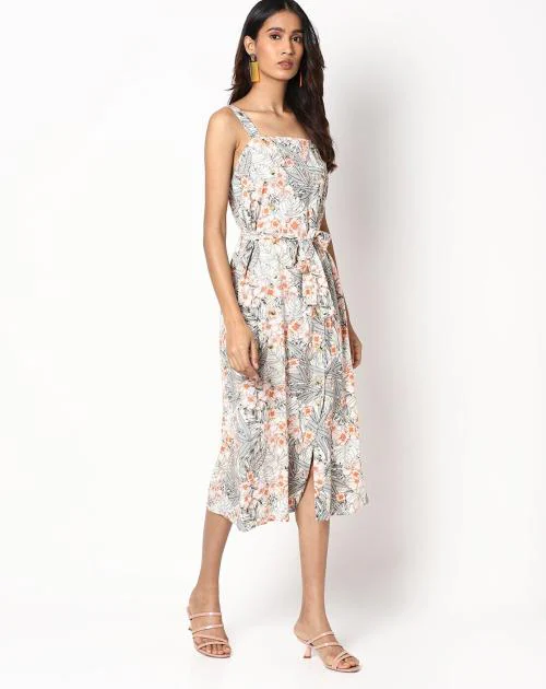 Floral Print A-line Dress with Spaghetti Straps