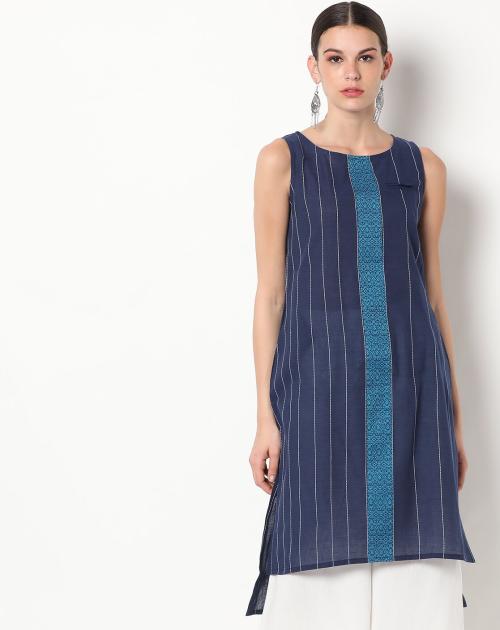 Striped Sleeveless High-Low Straight Kurta
