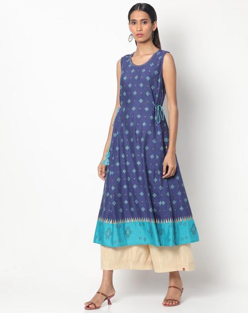 Indian Print A-line Kurta with Side Tie-Up