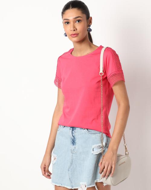 Crew-Neck T-shirt with Lace Trims