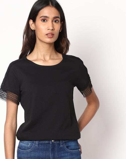 Crew-Neck T-shirt with Lace Trims