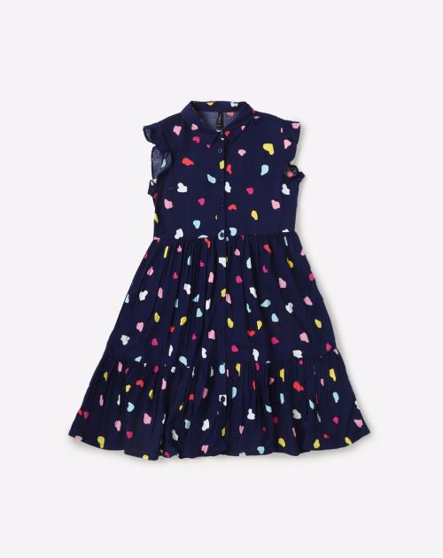 Heart Print Button-Down Tiered Dress