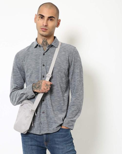 Slub-Weave Shirt with Curved Hemline