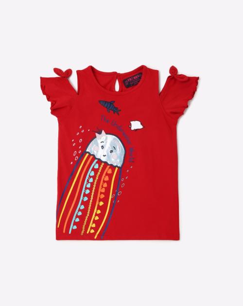 Printed Cold-Shoulder Top with Applique