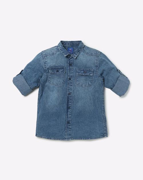 Mid-Wash Denim Shirt with Flap Pockets