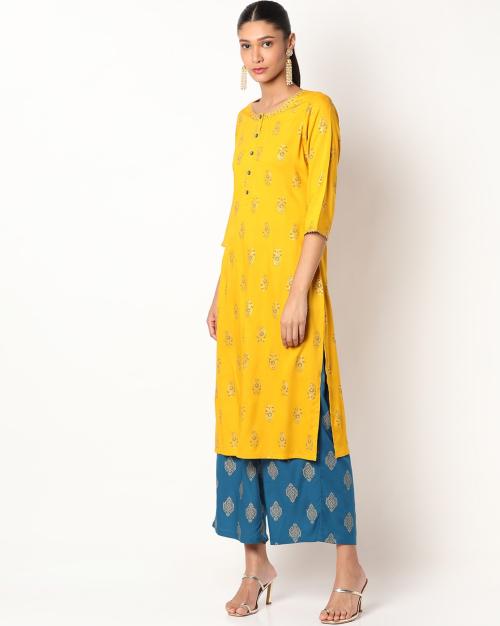 Foil Print Straight Kurta with Palazzos