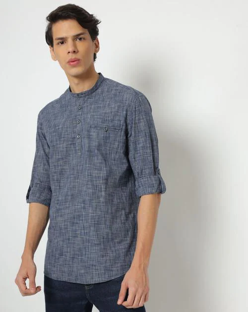 Textured Slim Fit Shirt with Band Collar