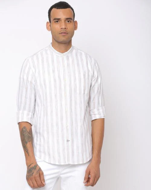 Striped Shirt with Band Collar