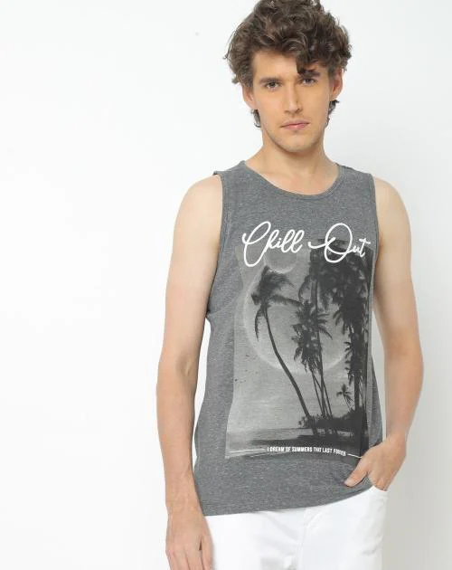 Tropical Print Sleeveless Crew-Neck T-shirt