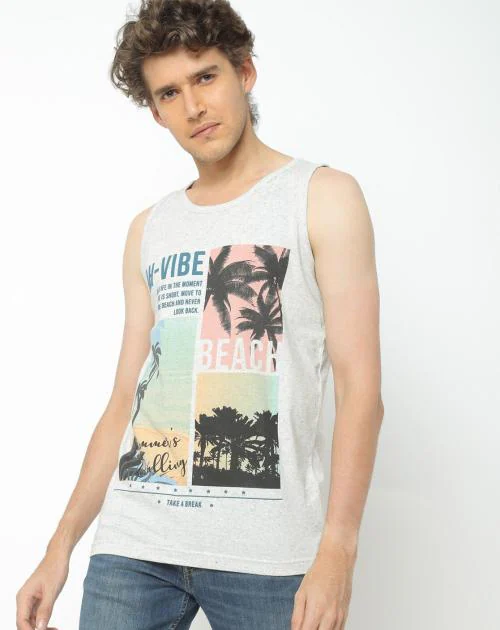 Tropical Print Sleeveless Crew-Neck T-shirt