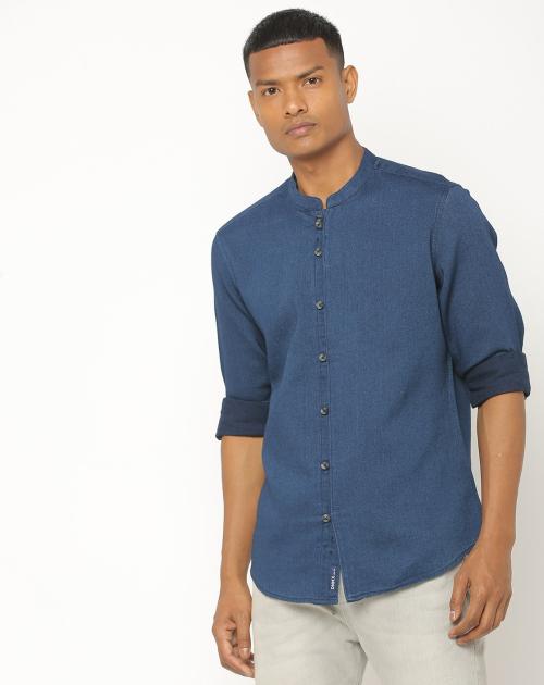 Textured Shirt with Band Collar