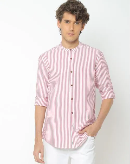 Striped Shirt with Band Collar