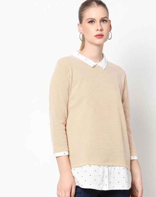 Micro Print Twofer Top with Spread Collar