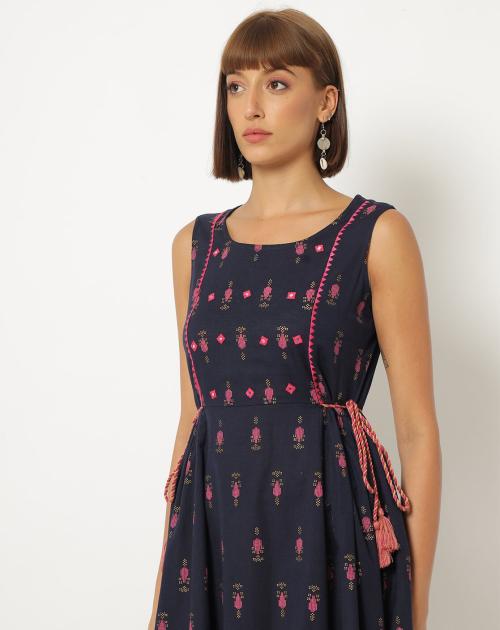 Printed A-line Dress with Side Tie-Ups