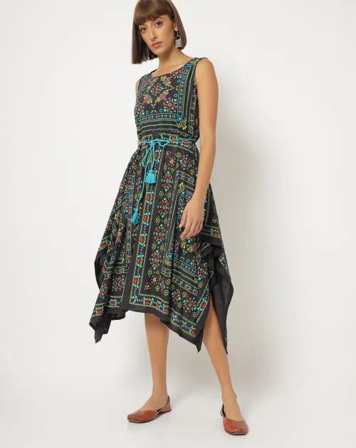 Printed Flared Dress with Handkerchief Hemline