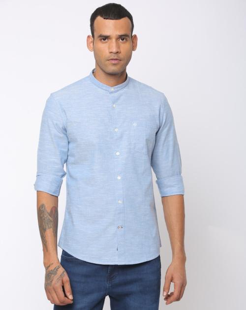 Textured Shirt with Band Collar