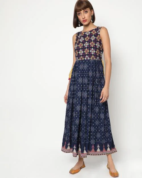Phulkari Print Sleeveless Maxi Dress