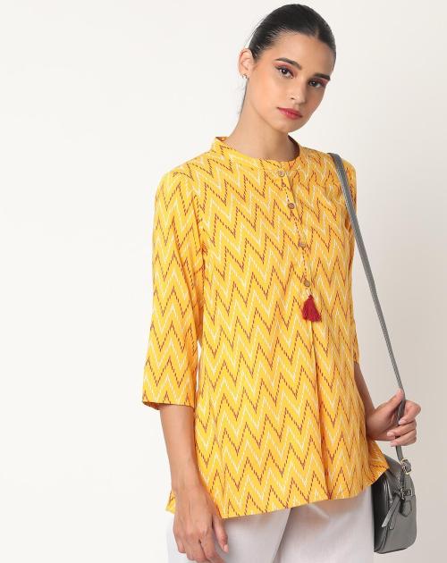 Chevron Print Top with Mandarin Collar