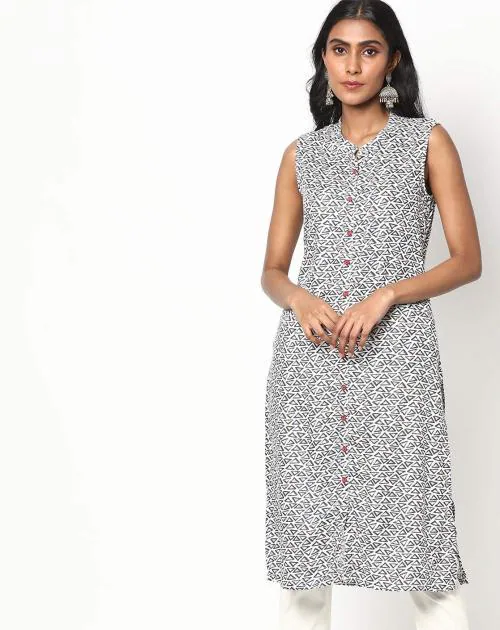 Geometric Print Sleeveless Straight Kurta