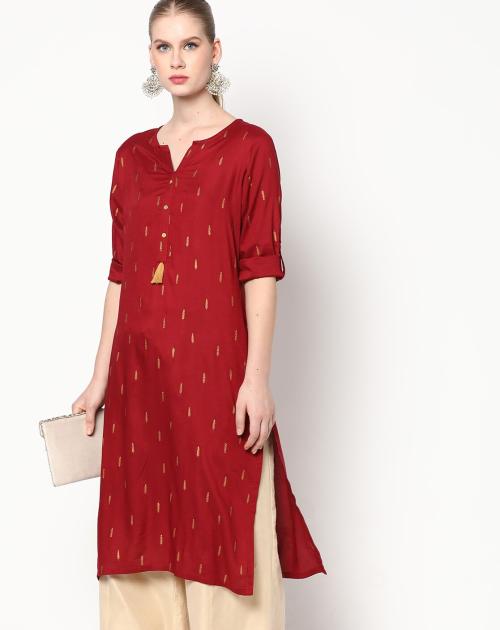 Leaf Print Straight Kurta with Tassel Accent