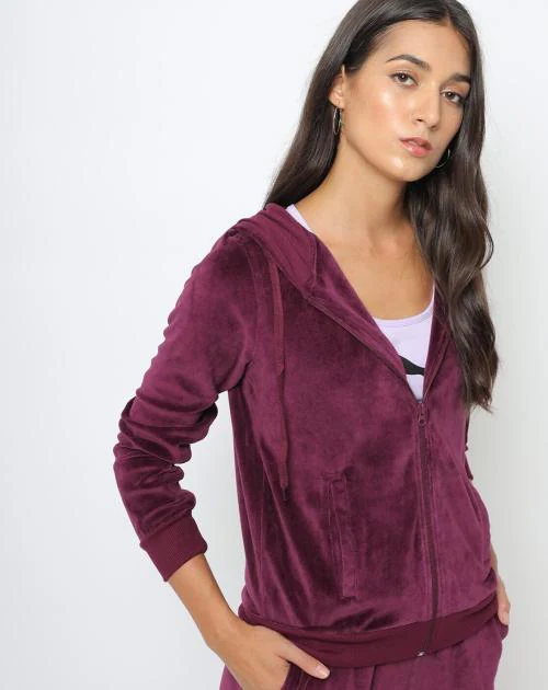 Velour Zip-Front Hoodie with Insert Pockets