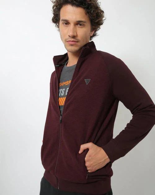 Zip-Front High-Neck Sweatshirt with Raglan Sleeves
