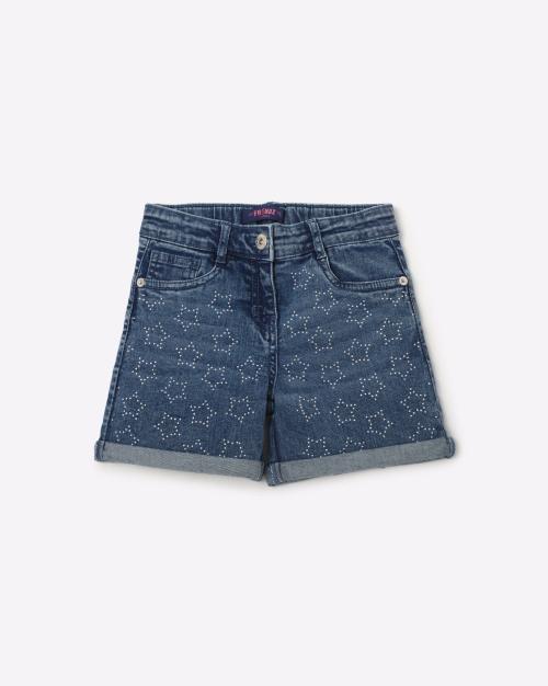 Star Print Washed Shorts with Upturned Hems