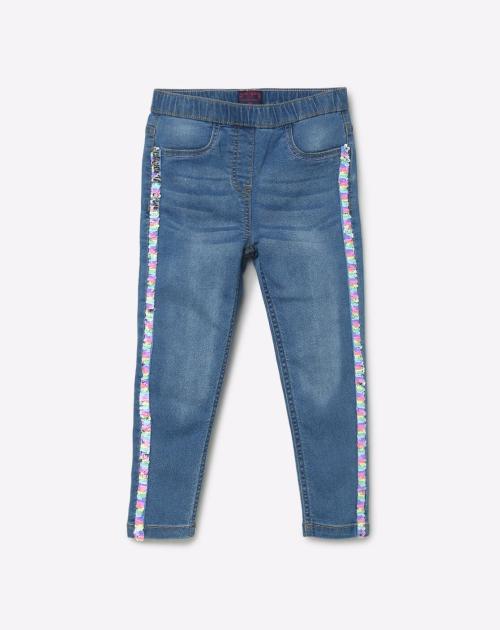 Sequins Embellished Jeans with Elasticated Waist