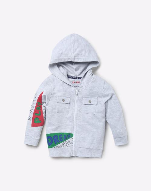 Printed Zip-Front Hooded Sweatshirt with Button-Flap Pockets