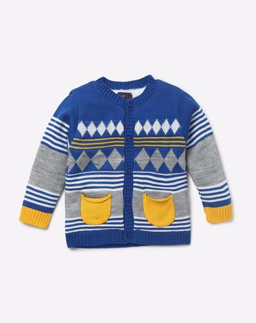 Geometric Print Button-Down Sweater with Patch Pockets