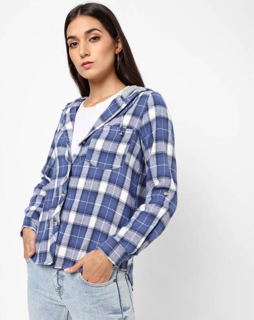 Checked Hooded Shirt with Patch Pocket