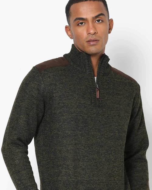 Heathered High-Neck Slim Pullover with Short Zip Placket
