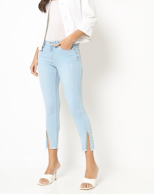 Mid-Rise Slim Fit Jeans with Pearl Embellishments