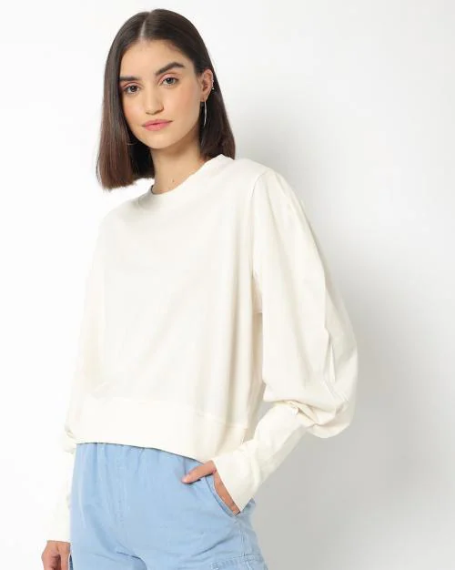 Round-Neck Top with Bishop Sleeves