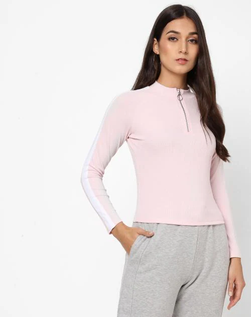 Ribbed High-Neck Top with Full Sleeves