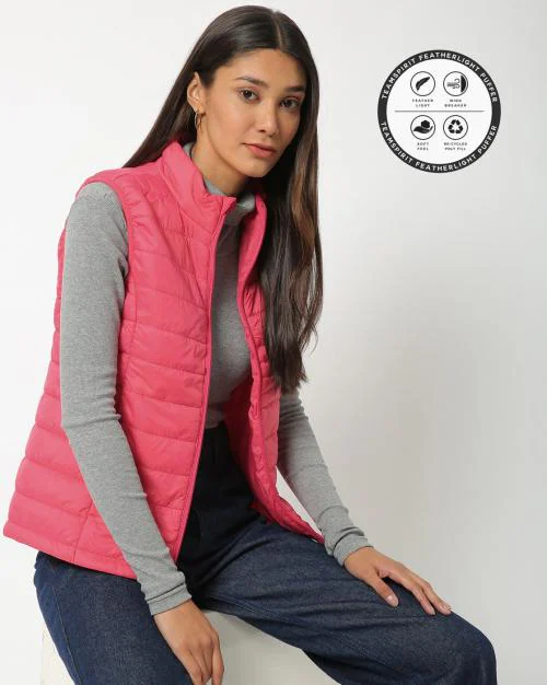 Zip-Front Sleeveless Puffer Jacket with Slip Pockets