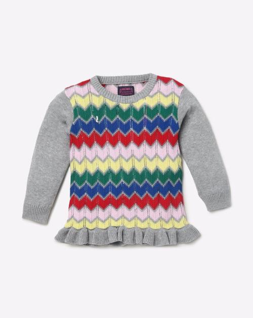 Chevron-Knit Sweater with Frill Trim