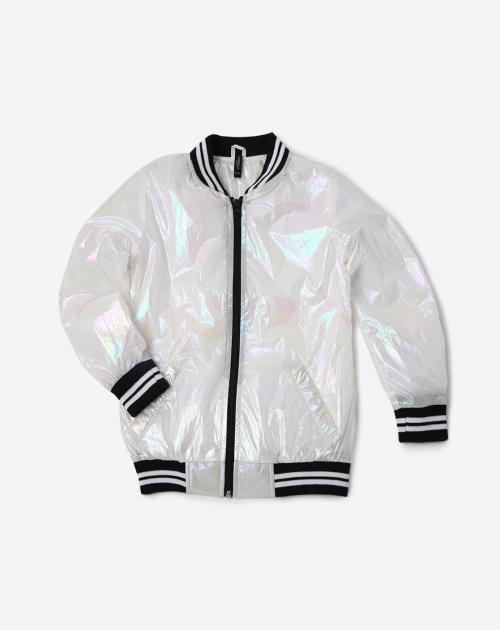 Front-Zip Glossy Jacket with Ribbed Hems