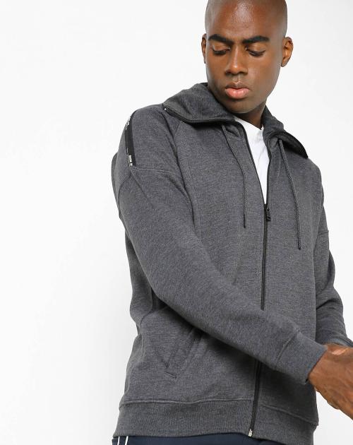Heathered Zip-Front Hooded Sweatshirt with Slip Pockets