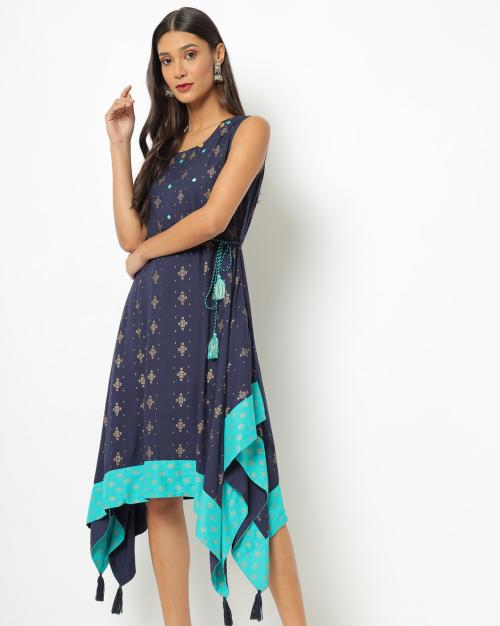 Printed A-line Dress with Handkerchief Hemline