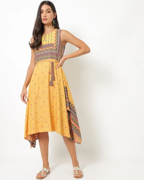 Aztec Print Handkerchief-Hem Dress with Tassel Tie-Up