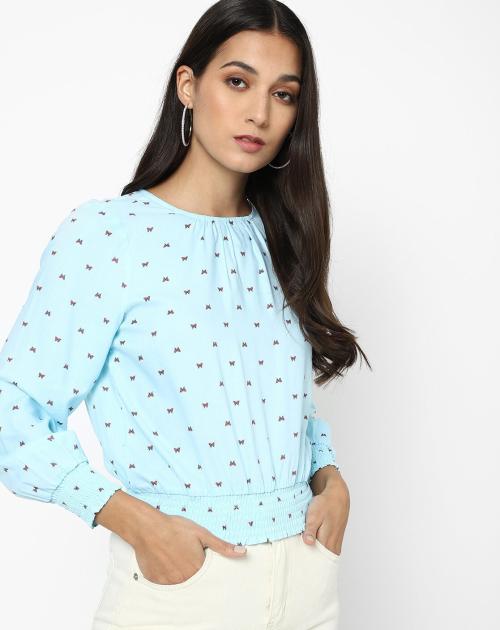Printed Blouson Top with Bishop Sleeves