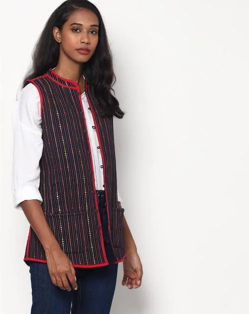 Striped Sleeveless Mandarin-Collar Jacket