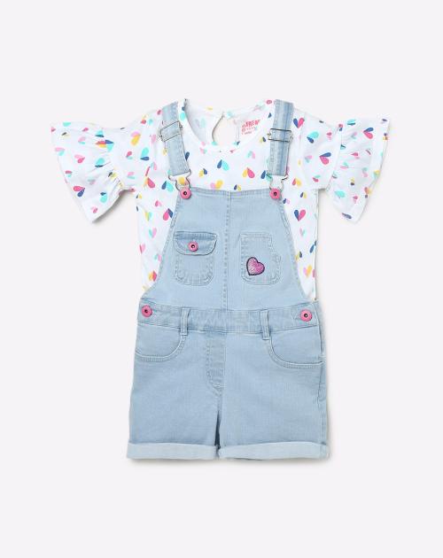 Denim Dungaree with Printed Top