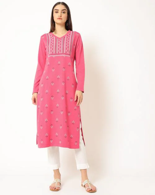 Printed V-neck Slim Straight Kurta