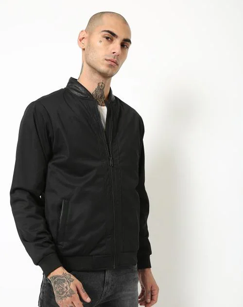 Genuine Leather Zip-Front Bomber Jacket with Insert Pockets