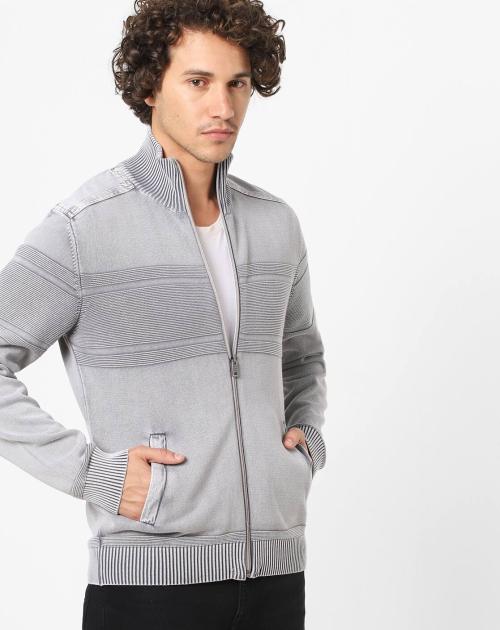 Striped Turtle-Neck Zip-Front Cardigan
