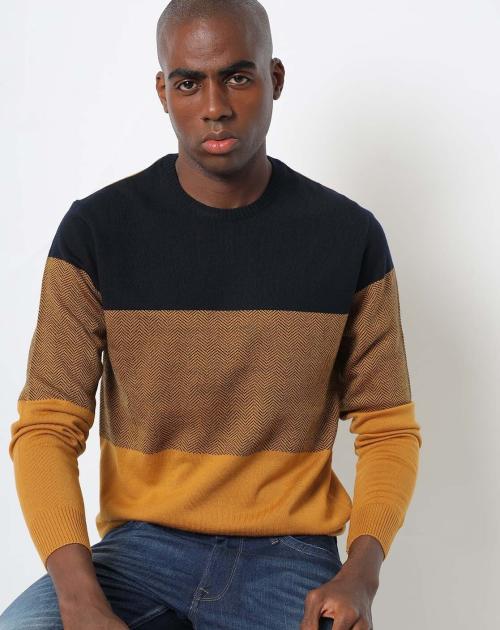 Colourblock Crew-Neck Pullover with Ribbed Hems