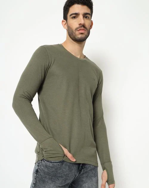 Crew-Neck T-shirt with Thumbhole Sleeves