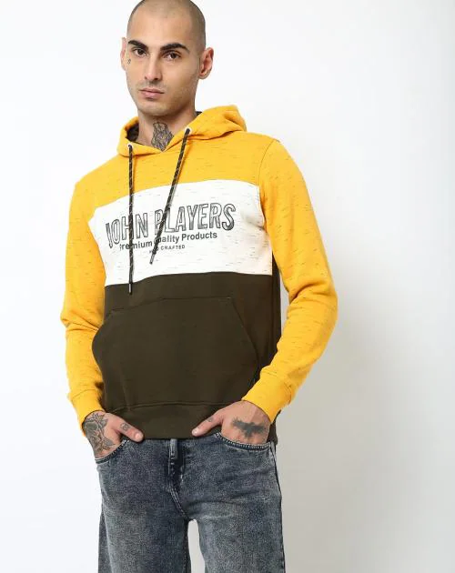Brand Print Slim Fit Hoodie with Kangaroo Pockets